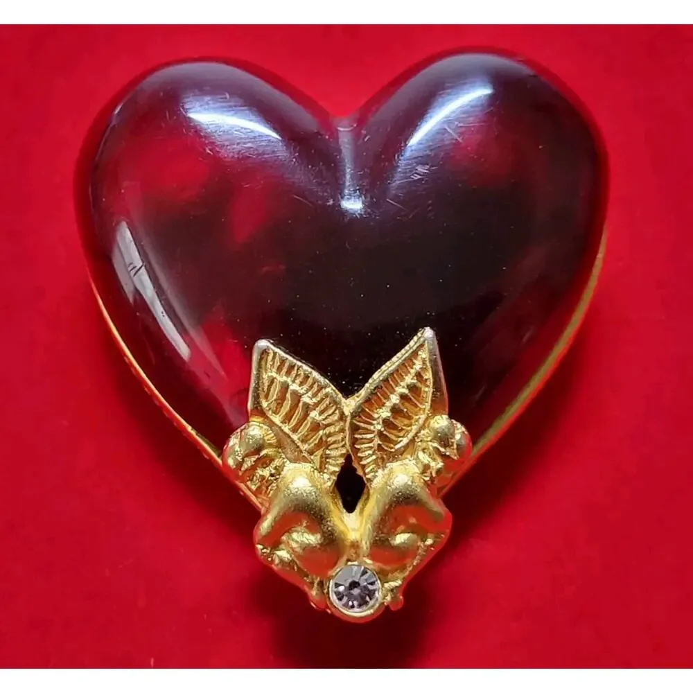 Givenchy Vintage Guardian Angel Cherub Red Lucid Heart Pin Brooch Gold Tone RARE